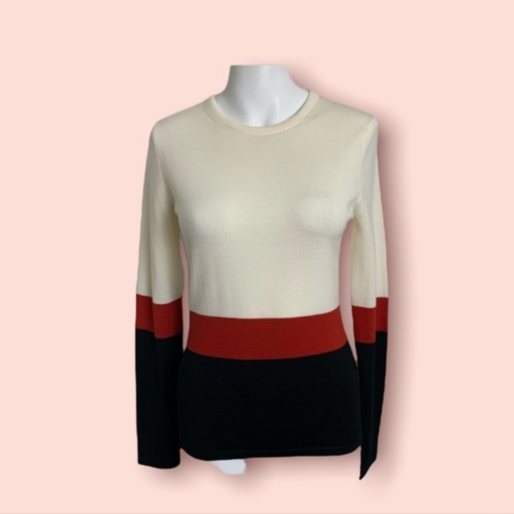 Hugo Boss color block sweater featuring a cream, red, and black design S/M